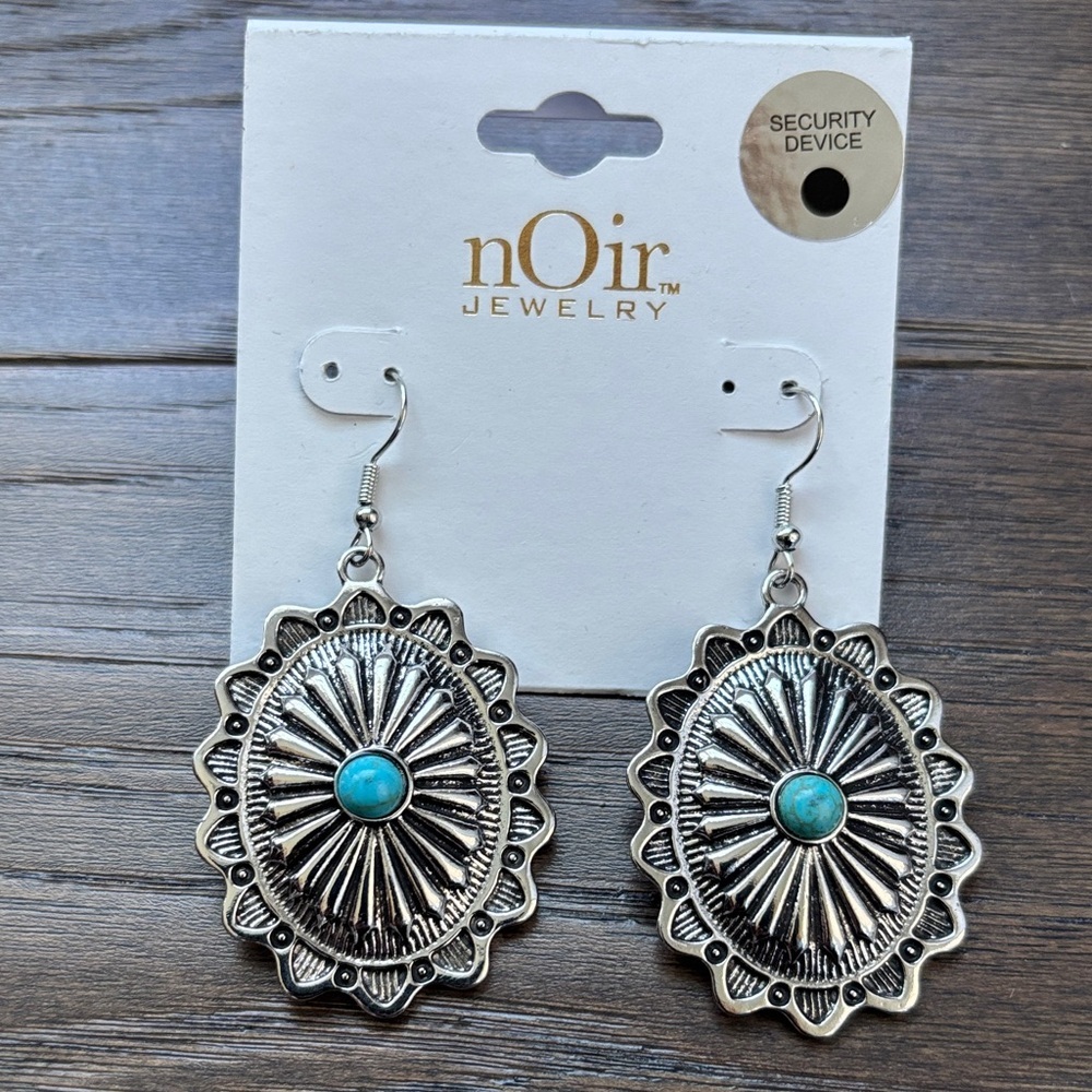 Noir Jewelry Silvertone Concho & Faux Turquoise fish hook drop Earrings